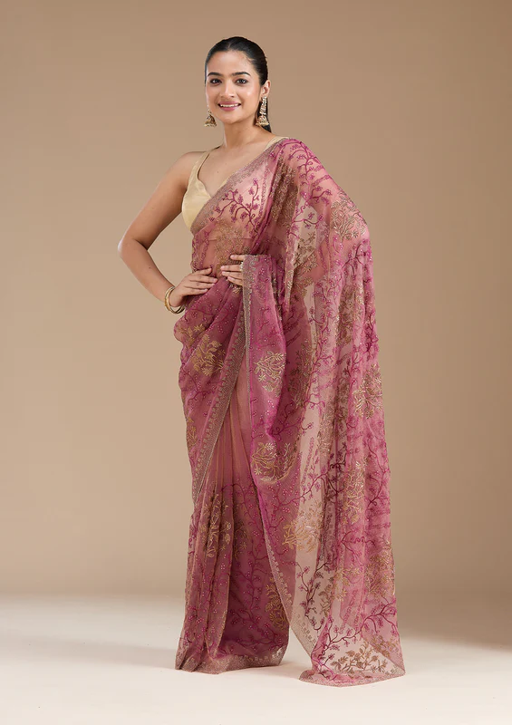 Wine Zariwork Antique Tissue Saree